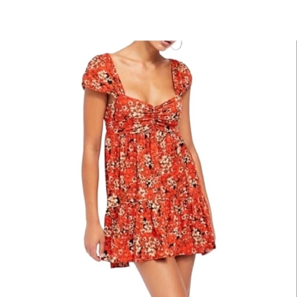 Free People Orange Floral Puff Sleeve Mini Dress
